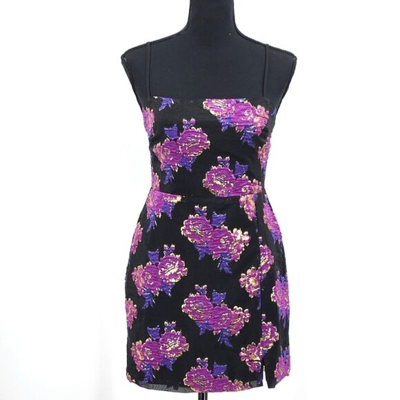 Lulus Vivid Charm Mini Dress Size Small Black Purple Floral Jacquard Y2K Retro - Picture 2 of 12